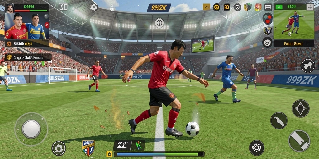 Tampilan gameplay 999ZK dengan aksi sepak bola yang dinamis.