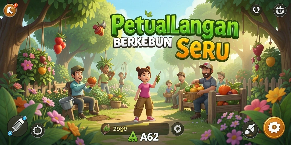 Screenshot gameplay AA62 menampilkan kebun yang indah dan aktivitas berkebun yang seru.