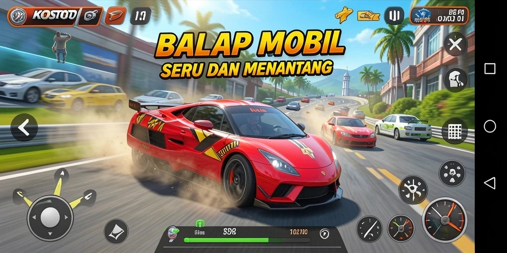 Tampilan gameplay KOSTOTO yang menampilkan aksi balap yang menegangkan.
