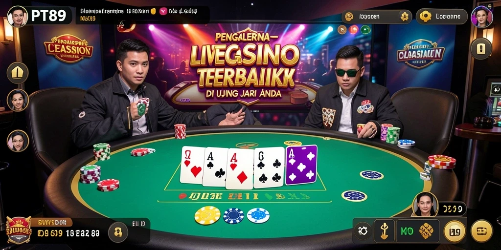 Screenshot gameplay PT89 menampilkan dealer live di meja permainan.