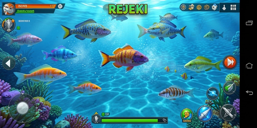 Screenshot gameplay REJEKI dengan ikan berwarna-warni yang menunggu untuk ditembak.