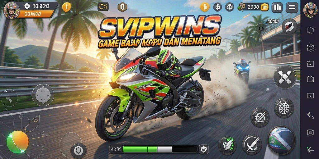 Screenshot gameplay SVIPWINS menampilkan balapan motor yang penuh aksi.